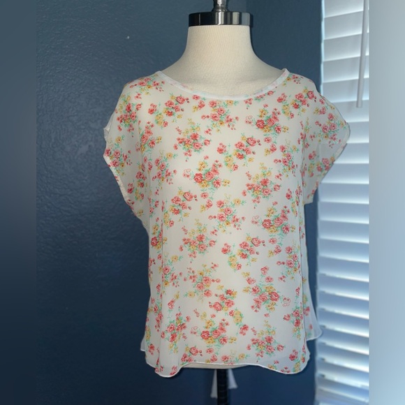 April U.S.A floral sheer blouse size medium back tie short sleeve see thru - Picture 13 of 13